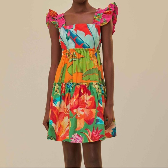 FARMRIO Foliage Mix Mini Dress Tropical Floral Ruffle Sleeve Tucan Cotton Size L - Picture 1 of 9
